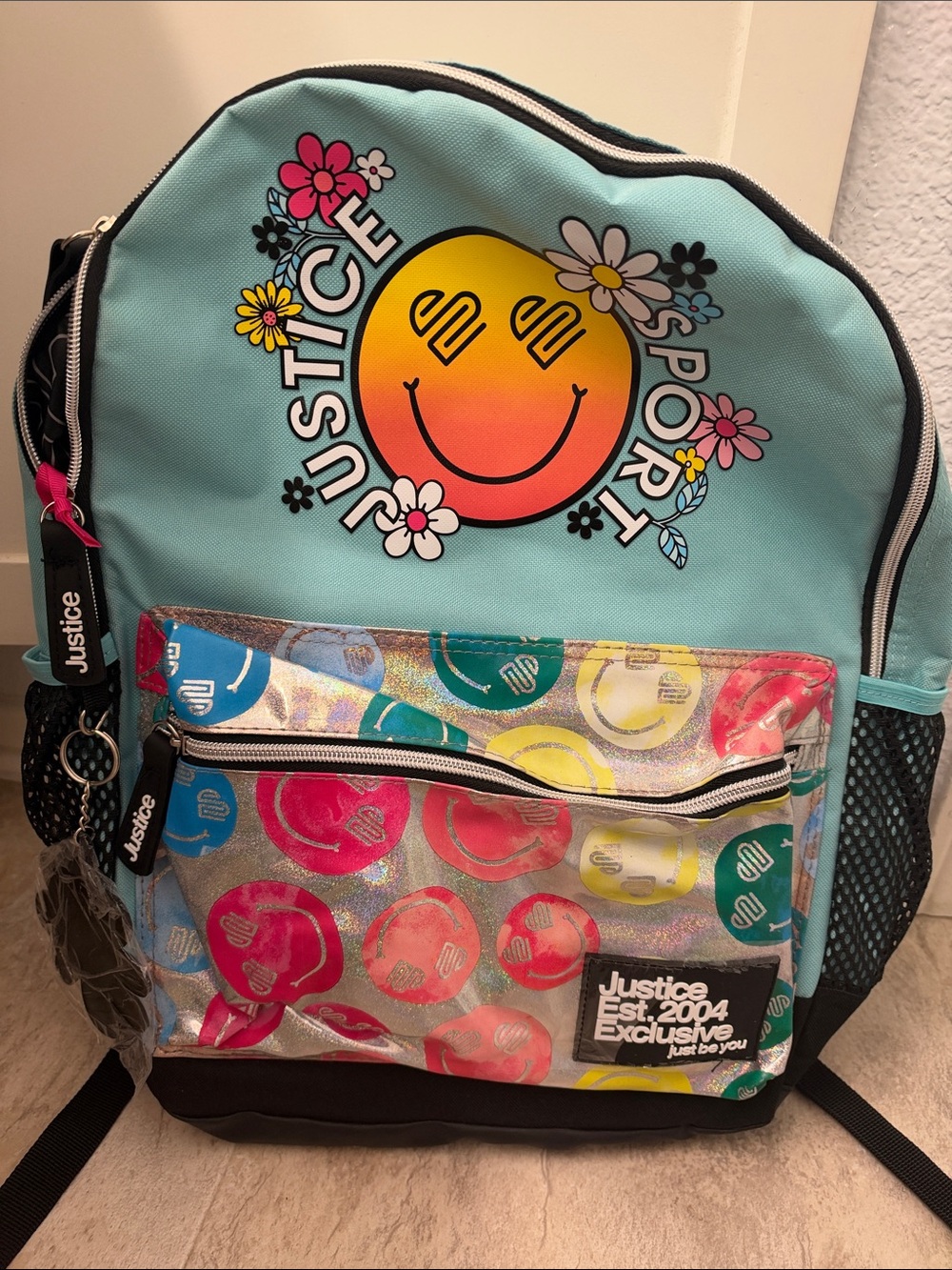 Justice Teal Rainbow Smiley Backpack